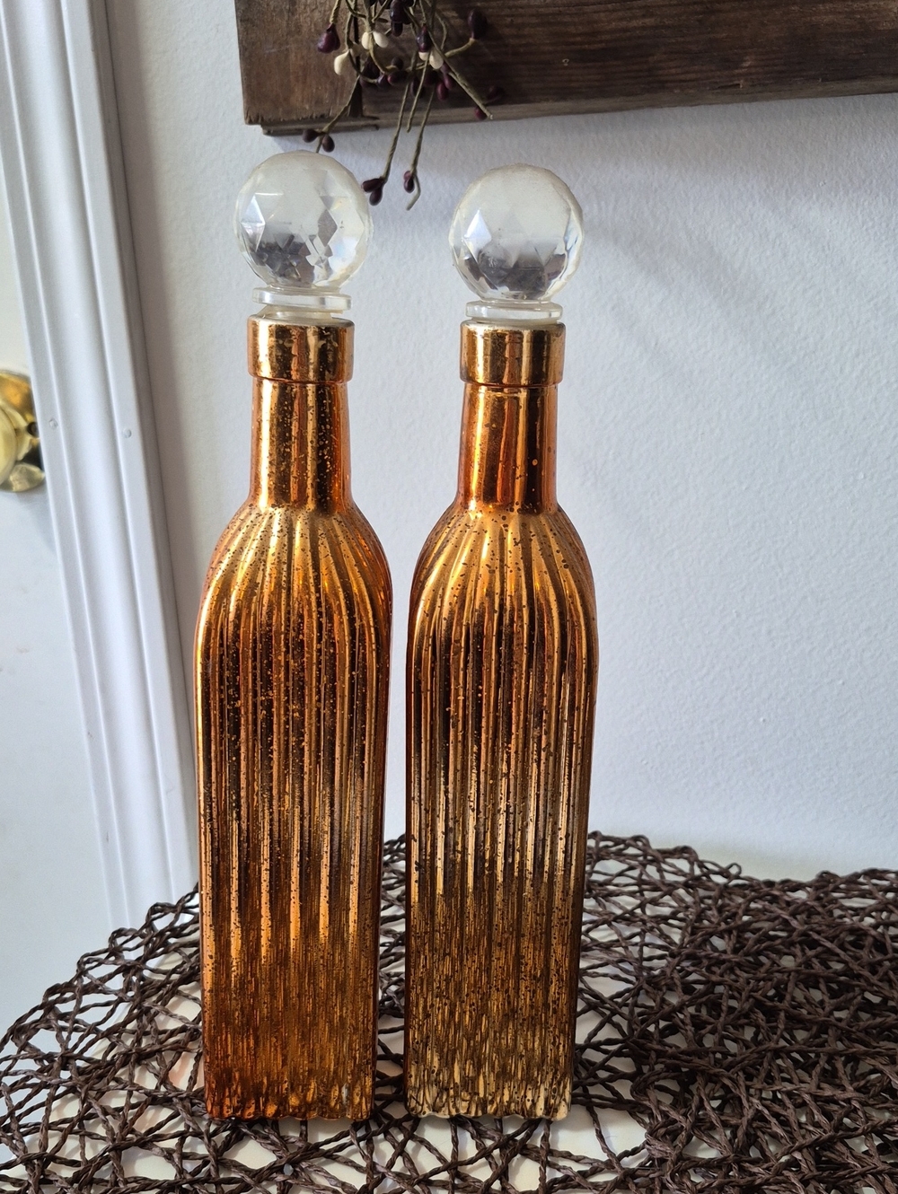 GANZ Metallic Copper Ribbed Glass Bottle Decanter with Faceted Stopper Set Of 2